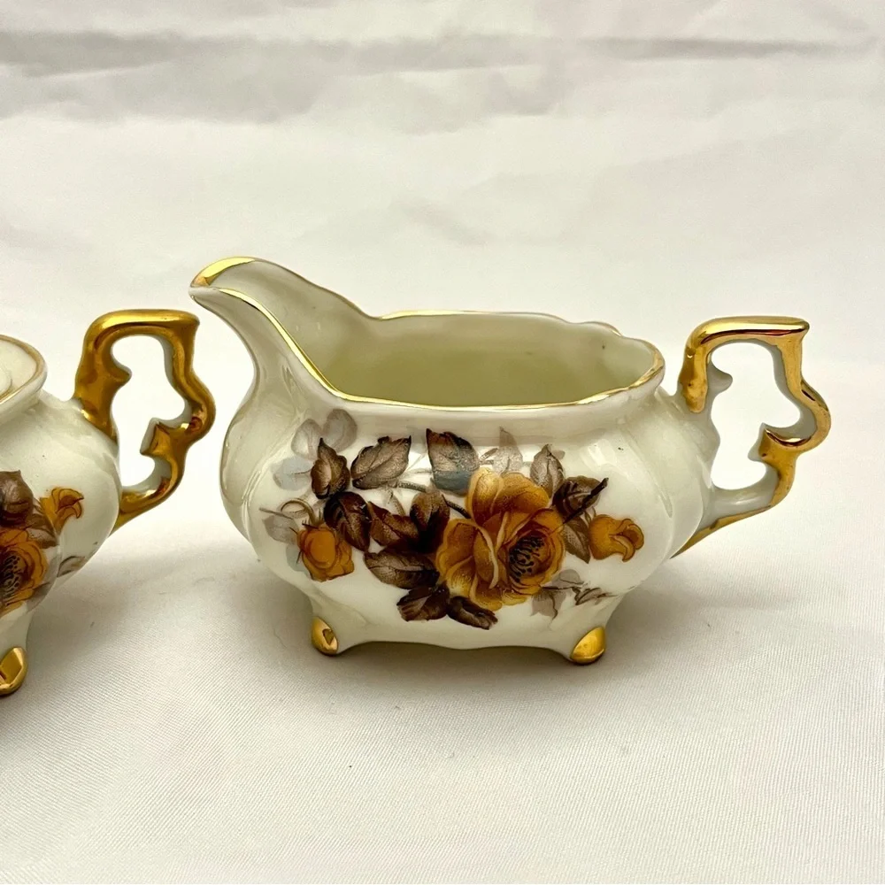 Royal Sealy Sugar Bowl w/ Lid & Creamer, Brown Orange Floral Pattern, VTG EUC